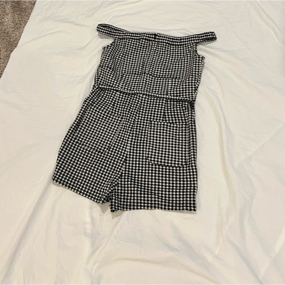 NWT Anthropologie Black & White Gingham Off-Shoulder Romper - Picture 11 of 12